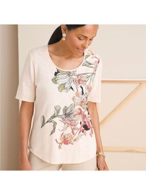Chico’s Peach Foiled Floral Scoop Neck Tee Size 2